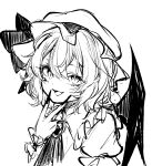  1girl ascot bat_wings collared_shirt fang fingernails hair_between_eyes hat hat_ribbon highres long_fingernails mob_cap open_mouth remilia_scarlet ribbon sharp_fingernails shirt short_hair short_sleeves simple_background slit_pupils smile solo touhou v white_background wings wrist_cuffs yoma_(lycoris109) 