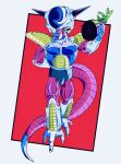  1boy absurdres alien arm_behind_back armor blood collarbone colored_skin dragon_ball dragon_ball_z frieza full_body green_skin highres holding_limb horns looking_at_viewer multicolored_skin oharu2000 open_mouth purple_blood red_eyes saiyan_armor scouter severed_limb simple_background solo tail teeth upper_teeth_only 
