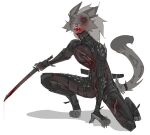 5_fingers alpha_channel anthro biped black_eye_(injury) blood blood_on_weapon bodily_fluids bruised fangs felid feline fingers fur grey_body grey_fur holding_object holding_weapon jam_(artist) male mammal nosebleed open_mouth simple_background solo tail teeth transparent_background weapon wounded