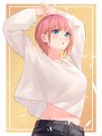  1girl :o absurdres arms_up black_pants blue_eyes breasts commentary_request go-toubun_no_hanayome highres large_breasts long_sleeves looking_at_viewer midriff_peek nakano_ichika pants pink_hair shirt short_hair simple_background smile solo to_gemichi white_shirt 