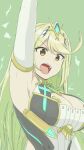  1girl arm_up armpits breasts circlet cleavage cleavage_cutout clothing_cutout core_crystal_(xenoblade) dress earrings elbow_gloves gloves green_background highres jewelry large_breasts long_hair looking_at_viewer mythra_(xenoblade) open_clothes open_mouth simple_background solo swept_bangs teeth upper_body upper_teeth_only very_long_hair wachi_99 white_dress white_gloves xenoblade_chronicles_(series) xenoblade_chronicles_2 