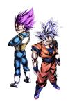  armor blue_bodysuit blue_footwear blue_shirt bodysuit boots crossed_arms dougi dragon_ball dragon_ball_super grey_eyes grey_hair highres looking_at_viewer no_eyebrows orange_pants orange_shirt pants purple_eyes purple_hair shirt son_goku spiked_hair tkht_9315 ultra_ego_(dragon_ball) ultra_instinct vegeta white_footwear 