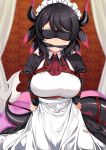  1girl apron arms_behind_back ascot bdsm black_dress black_hair blindfold bondage bound breasts cleave_gag cloth_gag commentary_request cowboy_shot dress facing_viewer gag gagged highres horns house_dragonmaid improvised_gag large_breasts long_sleeves red_ascot short_hair solo white_apron yasume_yukito yu-gi-oh! 