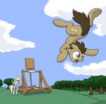  amber_eyes blonde_hair blue_eyes brown_fur brown_hair catapult cloud clouds cutie_mark derpy_hooves_(mlp) doctor_whooves_(mlp) duo equine female feral friendship_is_magic fur grey_fur hair horse male mammal my_little_pony open_mouth otakuap outside pegasus pony sky tongue tree wings 