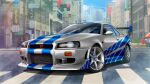  2_fast_2_furious car city highres imrinzlergtz_art motor_vehicle nissan nissan_skyline nissan_skyline_gt-r nissan_skyline_r34 no_humans outdoors shadow spoiler_(automobile) the_fast_and_the_furious twitter_username vehicle_focus 