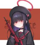  1girl beret black_choker black_gloves black_hair black_headwear black_sailor_collar black_serafuku blue_archive blush choker commentary_request em-2 eyes_visible_through_hair gloves gun hair_over_eyes halo hat highres holding holding_gun holding_weapon hoze justice_task_force_member_(blue_archive) long_bangs long_hair long_sleeves looking_at_viewer neckerchief red_eyes red_halo red_neckerchief rifle sailor_collar school_uniform serafuku sleeves_past_wrists sweatdrop weapon 