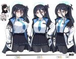  &lt;key&gt;_(robot)_(blue_archive) absurdly_long_hair alternate_breast_size aqua_halo black_hair black_hairband blue_archive blue_hair blue_necktie breasts collared_shirt dark_blue_hair disgust green_halo hairband halo highres jacket large_breasts long_hair long_hair_between_eyes long_sleeves looking_at_viewer multiple_girls necktie red_eyes sashu_(thershr6s) shirt simple_background skirt square_halo thighhighs translation_request very_long_hair white_background white_shirt 