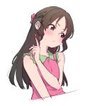  1girl :&lt; blush bow braid brown_eyes brown_hair cropped_torso dated earrings food food-themed_earrings fruit head_tilt highres ho-cki idolmaster idolmaster_cinderella_girls idolmaster_cinderella_girls_u149 jewelry long_hair pink_bow sleeveless solo strawberry strawberry_earrings tachibana_arisu v-shaped_eyebrows 