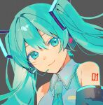  1girl bare_shoulders black_sleeves blue_eyes blue_hair blue_necktie closed_mouth collared_shirt detached_sleeves dutch_angle frilled_shirt frills grey_background hair_between_eyes hair_ornament hatsune_miku headset highres long_hair long_sleeves looking_at_viewer microphone necktie number_tattoo portrait sano_(ekk_fy) shirt sidelocks simple_background smile solo tattoo twintails vocaloid white_shirt 