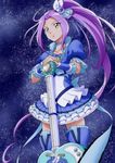  blue_choker blue_skirt choker cure_beat electric_guitar frilled_skirt frills guitar highres instrument kijinaka_mahiro kurokawa_eren long_hair love_guitar_rod magical_girl precure purple_hair ribbon seiren_(suite_precure) side_ponytail skirt solo suite_precure thighhighs yellow_eyes 