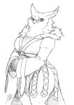 2024 anthro avian bird cheek_tuft clothing diasfox dress eyewear facial_tuft female glasses looking_at_viewer monochrome owl ramona_(unicorn_overlord) signature solo thick_thighs tuft