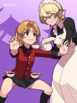  2girls apron black_dress black_skirt black_socks blonde_hair cup darjeeling_(girls_und_panzer) dress girls_und_panzer holding holding_teapot juliet_sleeves kneehighs long_sleeves maid_apron maid_headdress multiple_girls orange_hair orange_pekoe_(girls_und_panzer) outstretched_arms parody pleated_skirt puffy_sleeves skirt smilr socks soumu_(kehotank) teacup teapot white_apron 