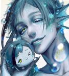  1boy air_bubble alternate_form artist_name blue_hair blue_lips blue_skin bubble character_doll claws colored_eyelashes colored_skin eel_boy fins gradient_background grin head_fins jade_leech looking_at_viewer male_focus minamoto_(tomonami_66) monster_boy multicolored_hair one_eye_closed sharp_teeth short_hair smile streaked_hair teeth twisted_wonderland webbed_hands white_background yellow_eyes 
