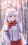  1girl absurdres bamboo bamboo_forest blush bow buttons commentary commentary_request english_commentary forest fujiwara_no_mokou grey_hair hair_bow hand_in_pocket highres kuneamorai long_hair long_sleeves looking_at_viewer mixed-language_commentary nature open_mouth outdoors pants red_eyes red_pants red_scarf scarf shirt sleeve_garter solo suspenders touhou very_long_hair white_shirt winter 
