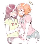  2girls blush casual chadolbaegi green_eyes looking_at_another medium_hair multiple_girls nose_blush open_mouth orange_hair original red_eyes red_hair shirt short_hair short_shorts short_sleeves shorts sitting swept_bangs t-shirt white_background yuri 