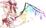  bad_id bad_pixiv_id blonde_hair dress flandre_scarlet ginzuki_ringo hat hat_ribbon highres pink_dress pink_eyes profile ribbon side_ponytail simple_background solo touhou white_background wings wrist_ribbon 