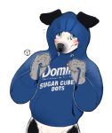 anthro black_body black_fur blue_clothing blue_hoodie blue_topwear blush bottomless canid canine clothed clothing clothing_pull digital_media_(artwork) english_text floppy_ears fox fur grey_body grey_fur hoodie hoodie_only hoodie_pull kureto looking_at_viewer male mammal markings partially_clothed shy simple_background solo spots spotted_body spotted_fur text topwear topwear_only topwear_pull white_body white_fur