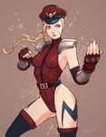  alternate_costume beckoning belt blonde_hair blue_eyes bodypaint braid cammy_white come_at_me_bro cosplay elbow_gloves fingerless_gloves gloves hat highres jay27 leotard long_hair peaked_cap red_leotard scar shoulder_pads solo street_fighter street_fighter_iv_(series) thighhighs twin_braids vega vega_(cosplay) 