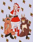  1girl 2boys absurdres animal_costume animal_hands arm_behind_head belt black_belt black_hair blonde_hair boots capelet chainsaw_man commentary_request covering_face cross-shaped_pupils denji_(chainsaw_man) fake_antlers fur-trimmed_capelet fur-trimmed_gloves fur-trimmed_skirt fur_trim gloves gurukousu hair_between_eyes hat hayakawa_aki highres horns multiple_boys one_eye_closed orange_eyes patterned_background paw_gloves paw_pose pink_eyes pink_hair power_(chainsaw_man) red_footwear red_gloves reindeer_costume sack santa_costume santa_hat sharp_teeth sitting skirt symbol-shaped_pupils teeth tongue tongue_out 