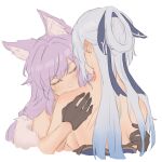  2girls animal_ears baiheng_(honkai:_star_rail) bare_back bare_shoulders bite_mark black_gloves blue_ribbon closed_eyes commentary_request fox_ears from_behind gloves grey_hair hair_ribbon highres honkai:_star_rail honkai_(series) hug jingliu_(honkai:_star_rail) multiple_girls purple_hair ribbon upper_body yurenn yuri 