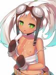  bare_shoulders blush breasts brown_gloves collarbone dark_skin eating echo_(elsword) elsword food gloves goggles goggles_on_head long_hair navel nipples popsicle sexually_suggestive shirt_pull simple_background small_breasts solo tank_top tongue tongue_out tsliuyixin white_background white_hair 