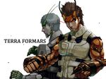  antennae bodysuit brown_hair copyright_name crack fighting_stance gloves glowing glowing_eyes grey_hair insect_boy komachi_shoukichi light_trail marumarubug multiple_boys muscle red_eyes serious simple_background spike terra_formars thien_(terra_formars) yellow_eyes 