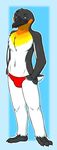  beak bird blue_eyes emperor_penguin looking_at_viewer male navel nogitsunegabriel penguin simple_background solo speedo standing swimsuit topless underwear 