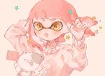  1girl :o arms_up collarbone commentary_request dot_nose highres inkling_girl inkling_player_character li&#039;l_judd_(splatoon) long_hair open_mouth pink_hair pink_sweater simple_background splatoon_(series) star_(symbol) sweater thick_eyebrows white_background yellow_eyes yksb_inc6 