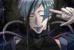  1boy absurdres bishounen black_background black_collar black_jacket black_shirt blue_eyes blue_hair blue_nails blue_tongue collar colored_tongue ear_chain ear_piercing earrings floyd_leech green_hair half-closed_eyes hand_up highres jacket jewelry looking_at_viewer male_focus middle_finger multicolored_hair open_clothes open_jacket open_mouth piercing rope sharp_teeth shirt short_hair skin_tight sleeveless slit_pupils solo streaked_hair teeth tongue tongue_out tuboya111 turtleneck twisted_wonderland upper_body yellow_eyes 