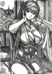  1girl artist_name bracelet breasts closed_mouth commentary_request dead_or_alive dead_or_alive_6 earrings greyscale hands_up high_ponytail indoors japanese_clothes jewelry kasumi_(doa) large_breasts lips long_hair magatama magatama_necklace miko monochrome necklace parted_lips ponytail signature sitting skidrow solo wide_sleeves 