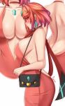  1girl anisdrawn artist_name backless_outfit bag bare_shoulders blush breasts choker cleavage cocktail_dress collarbone dress earrings from_behind from_side handbag highres jewelry large_breasts navel pyra_(xenoblade) red_choker red_dress red_eyes red_hair short_hair sideboob simple_background solo tiara white_background xenoblade_chronicles_(series) xenoblade_chronicles_2 