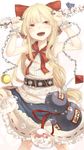  :d alcohol belt blonde_hair bow branch brown_eyes chain flower gourd hair_bow highres horns ibuki_suika long_hair low-tied_long_hair open_mouth pyramid sake shirt skirt sleeveless sleeveless_shirt smile solo sphere touhou wrist_cuffs yushika 