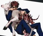  1boy animal_hug black-framed_eyewear blood blood_on_face blue_jacket blue_pants brown_eyes brown_hair dead_animal feet_out_of_frame goat guro highres hyoudou_kazuya intestines jacket kaiji looking_at_viewer male_focus medium_bangs pants partially_opaque_sunglasses ribs short_hair simple_background solo striped_clothes striped_jacket striped_pants sunglasses v-shaped_eyebrows vertical-striped_clothes vertical-striped_pants white_background zvz_(tt82295946) 