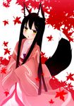  animal_ears black_hair blush highres japanese_clothes jitome kimono kiyomin leaf long_hair looking_at_viewer original solo tail yellow_eyes 