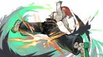  1girl absurdres arm_up artist_name belt black_pants buttons clover_print collared_shirt dated explosion fingerless_gloves fire frown giovanna_(guilty_gear) gloves green_fire grey_hair guilty_gear guilty_gear_strive highres hua_ha_jiazi jumping long_sleeves looking_at_viewer medium_hair multicolored_hair orange_belt outstretched_arm pants red_gloves red_hair sandals shirt shoe_soles solo spread_legs strap streaked_hair two-tone_hair white_background white_footwear white_shirt 