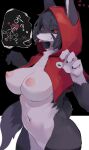 anthro big_bad_wolf black-sclera black_hair blep claws fairy_tales featureless_crotch female front_view fur gender_symbol gender_symbol_penetration grey_body grey_fur hair hi_res hood looking_at_viewer navel nipples pupils pyon_ko red_eyes skull_and_crossbones slit_pupils solo symbol threatening tongue tongue_out white_body white_fur