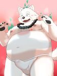2024 anthro belly big_belly blush bodily_fluids bulge canid canine canis clothed clothing detailed_bulge domestic_dog duo embrace erection erection_under_clothing fur genital_fluids genital_outline hi_res hug inugamihito kemono male mammal moobs navel nipples overweight overweight_male penis_outline precum solo_focus white_body white_fur