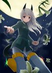  aksman animal_ears bad_id bad_pixiv_id card cloud eila_ilmatar_juutilainen flower full_moon grey_hair lily_(flower) long_hair looking_at_viewer moon night outstretched_arm pantyhose purple_eyes solo star_(sky) strike_witches striker_unit tail world_witches_series 