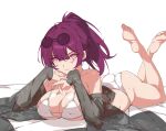  1girl ass bare_legs bare_shoulders barefoot bra commentary feet highres honkai:_star_rail honkai_(series) kafka_(honkai:_star_rail) kili_kilio long_hair long_sleeves looking_at_viewer lying off_shoulder on_stomach panties ponytail purple_eyes purple_hair see-through smile soles solo thighs toes underwear white_background white_bra white_panties 