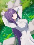  1girl arms_behind_head azisalter blunt_bangs blurry blurry_foreground breasts closed_mouth commentary corrupted_twitter_file dress dutch_angle fern_(sousou_no_frieren) half_updo highres large_breasts long_hair long_sleeves looking_at_viewer outdoors pond purple_eyes purple_hair sidelocks signature solo sousou_no_frieren upper_body white_dress 