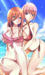  2girls beach bikini blue_eyes blue_sky breasts brown_hair clip_studio_paint_(medium) collarbone commentary_request go-toubun_no_hanayome grabbing grabbing_another&#039;s_breast hair_between_eyes halterneck kneeling large_breasts long_hair long_hair_between_eyes looking_at_another looking_at_viewer multiple_girls nakano_ichika nakano_miku navel o-ring outdoors pink_bikini pink_hair red_bikini short_hair siblings side-tie_bikini_bottom sisters sitting sky smile sunlight swimsuit twins zxy243114351 