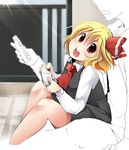  1girl aki_(akikaze_asparagus) ascot bare_legs blonde_hair blush controller game_controller hair_ribbon long_sleeves open_mouth playing_games red_eyes ribbon rumia sitting sitting_on_lap sitting_on_person skirt skirt_set smile touhou wii_remote 
