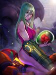 1girl absurdres arm_cannon breasts green_eyes grey_hair high_heels highres justin_bailey kneeling leotard lips long_hair looking_at_viewer medium_breasts metroid metroid_(classic) metroid_(creature) mole mole_under_mouth samus_aran solo toned varia_suit weapon xuuikie_ashe 