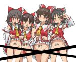  4girls \m/ ascot bar_censor benikurage_(cookie) black_hair blush body_writing bow breasts brown_eyes brown_hair censored closed_mouth clothes_lift collared_shirt commentary_request cookie_(touhou) cowboy_shot detached_sleeves frilled_bow frilled_hair_tubes frilled_shirt_collar frilled_skirt frills grin hair_between_eyes hair_bow hair_tubes hakurei_reimu kanna_(cookie) kasuga_(kasuga39) lifted_by_self looking_at_viewer medium_bangs medium_breasts medium_hair middle_finger multiple_girls no_panties oekaki open_mouth parted_bangs red_bow red_eyes red_shirt red_skirt reu_(cookie) ribbon-trimmed_sleeves ribbon_trim sananana_(cookie) shirt short_hair sidelocks simple_background skirt skirt_lift skirt_set sleeveless sleeveless_shirt small_breasts smile touhou white_background white_sleeves wide_sleeves yellow_ascot yellow_eyes 