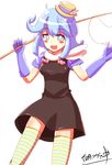  1girl bad_id bad_pixiv_id banned_artist black_dress blue_eyes blue_hair blush_stickers dress fishing_hook fishing_rod gloves hat kisaragi_zwei long_hair open_mouth smile solo star star-shaped_pupils striped striped_legwear symbol-shaped_pupils thighhighs yaidu yaidu_shoukou_kai_no_moe_kyara 