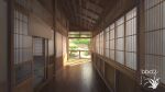  architecture artist_logo bamboo_screen bush day east_asian_architecture highres no_humans original scenery shouji sliding_doors tree wooden_floor xingzhi_lv 