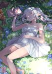  1girl bare_legs barefoot blue_flower book closed_eyes dress flower foot_out_of_frame frieren hand_on_own_stomach highres holding holding_book legs long_hair nekomimipunks on_grass open_book parted_lips pointy_ears roots sleeping solo sousou_no_frieren strap_slip thighs white_dress white_hair 