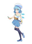  1girl arms_up bare_arms bare_shoulders blue_eyes blue_footwear blue_hair blue_panties blue_skirt bracelet card cato_(monocatienus) cirno commentary_request cosplay dress endro! flower full_body furrowed_eyebrows garter_straps hair_between_eyes hat hat_flower holding holding_card jewelry light_smile looking_at_viewer meiza_endust meiza_endust_(cosplay) navy_blue_legwear panties pantyshot pantyshot_(standing) short_hair side_slit simple_background skirt sleeveless sleeveless_dress solo standing standing_on_one_leg strapless strapless_dress thighhighs touhou underbust underwear white_background white_hat 