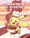  :d blurry blurry_background chef_hat chocolate commentary english_text happy hat highres kelvin-trainerk mixing_bowl no_humans open_mouth pikachu pokemon pokemon_(creature) pun smile solo tongue twitter_username watermark white_headwear 