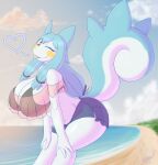 &lt;3 anthro beach bent_over big_breasts big_tail biped blue_body blue_fur blue_hair breasts cleavage clothed clothing cloud female fur generation_4_pokemon hair hi_res huge_breasts looking_at_viewer mammal nintendo one_eye_closed pachirisu pokemon pokemon_(species) raised_tail rodent seaside sky smile snackbunnii solo sunset tail tongue tongue_out water white_body white_fur